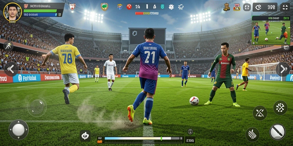 Tangkapan layar utama 77RP menampilkan pemain sepak bola dalam aksi di lapangan.