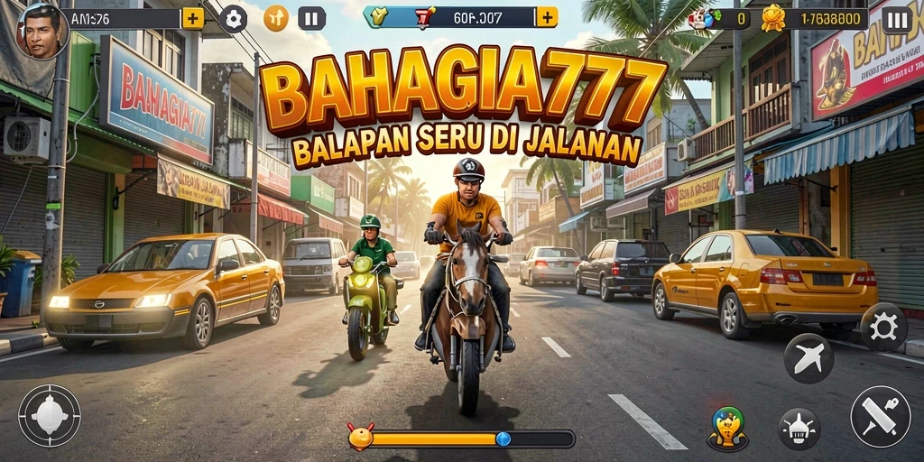 Tangkapan layar gameplay BAHAGIA777 menampilkan aksi balapan yang mendebarkan.