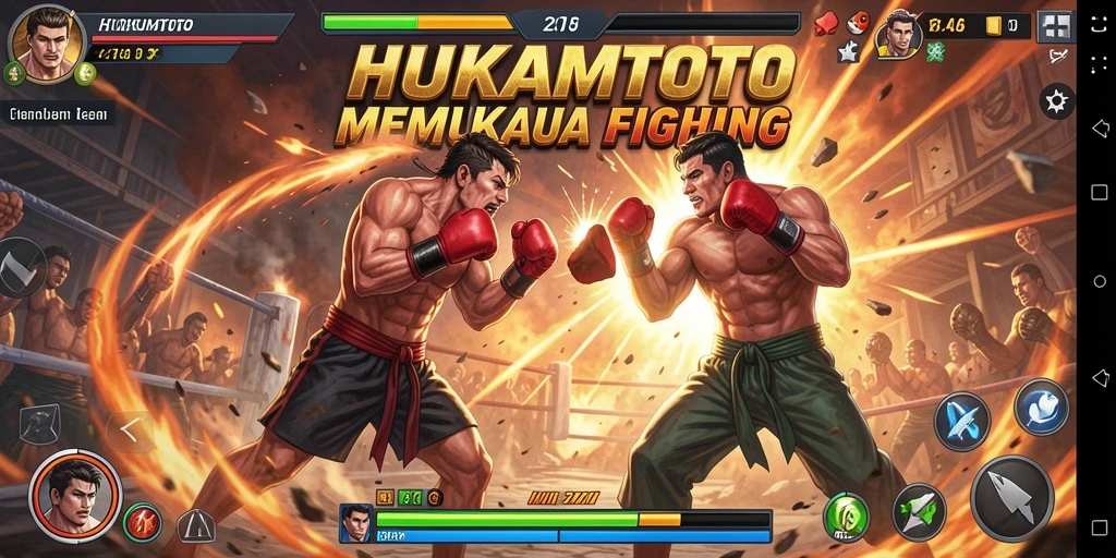 Screenshot HUKUMTOTO menampilkan pertarungan intens dan karakter yang menarik.