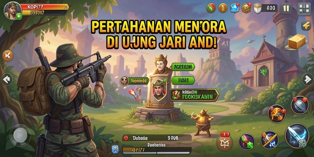 Screenshot utama gameplay KOPI77 yang menunjukkan aksi Tower Defense yang mendebarkan.