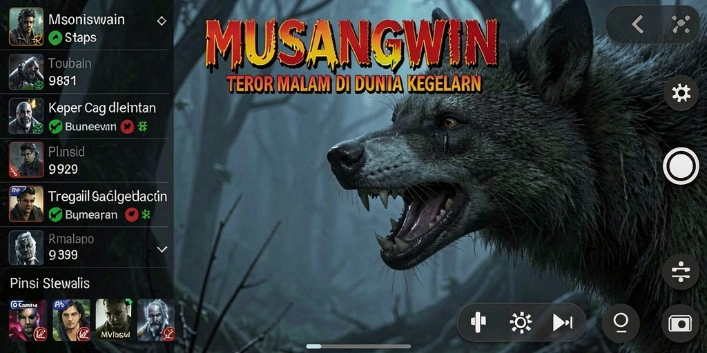 Screenshot gameplay MUSANGWIN menampilkan suasana gelap dan horor yang mencekam.