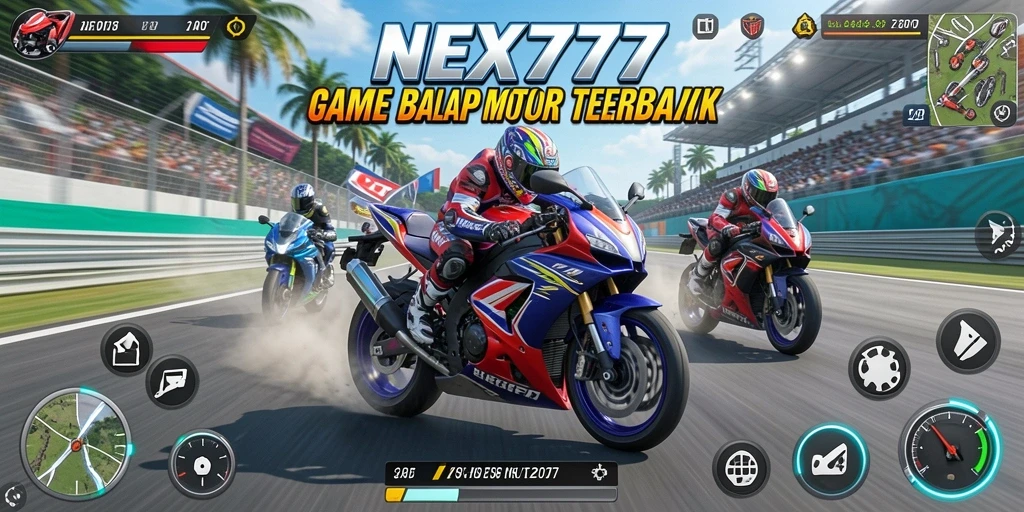 Tangkapan layar gameplay seru dari NEX777 yang menunjukkan aksi balap motor.