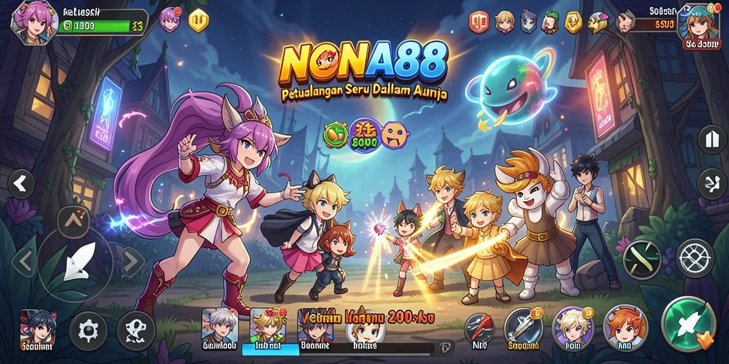 Screenshot permainan NONA88 menampilkan karakter anime yang dinamis dan grafis yang memukau.