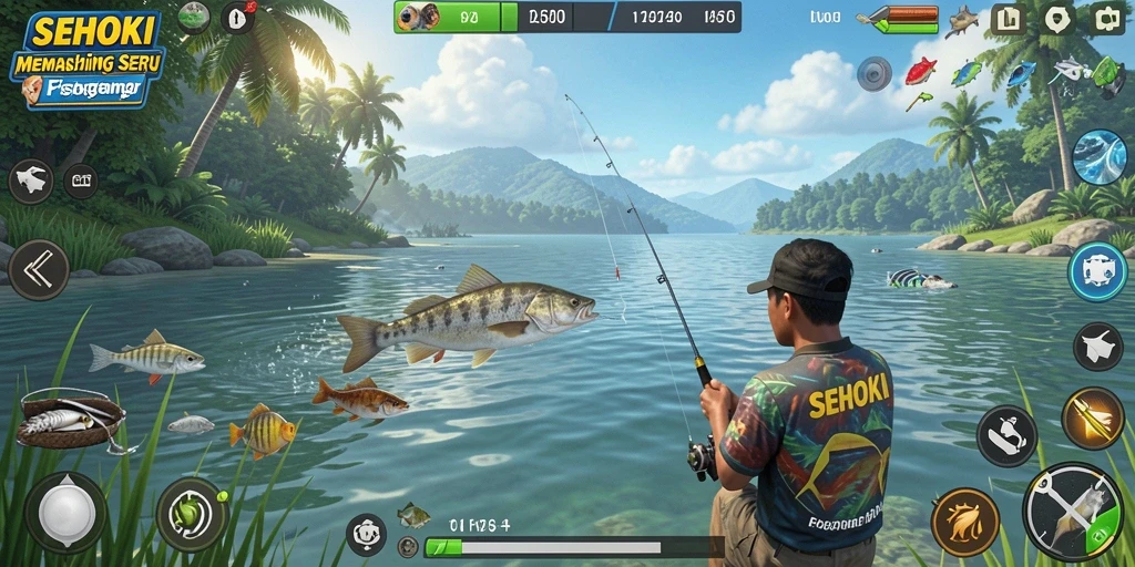 Tampilan gameplay SEHOKI yang penuh aksi memancing di laut.