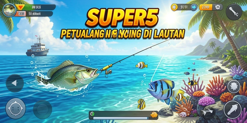 Tampilan gameplay SUPER5 dengan aksi memancing yang seru dan menawan.