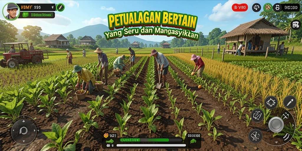 Screenshot V21 menampilkan gameplay seru bertani dengan berbagai tanaman dan hewan.